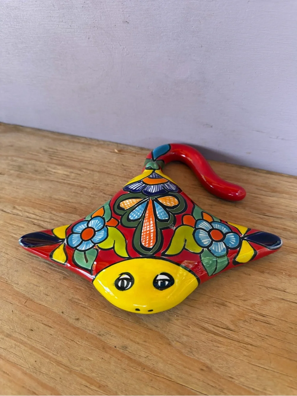 Hand-Painted  Talavera Stingray  Wall Hook - Bright Multicolor